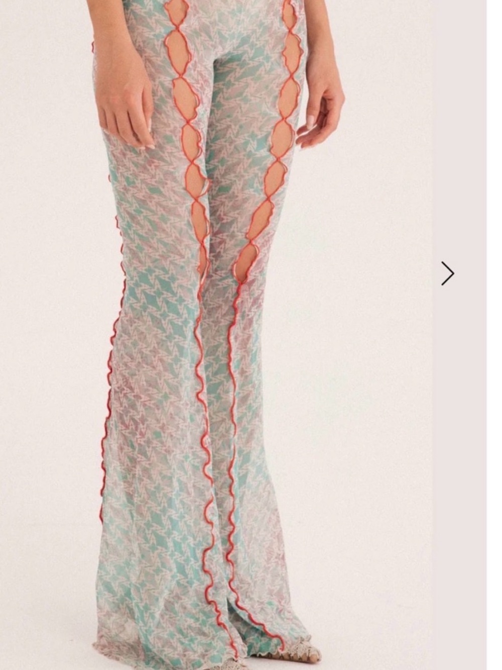 Sheer Mint Patterned Split-Front Pants with Coral Trim